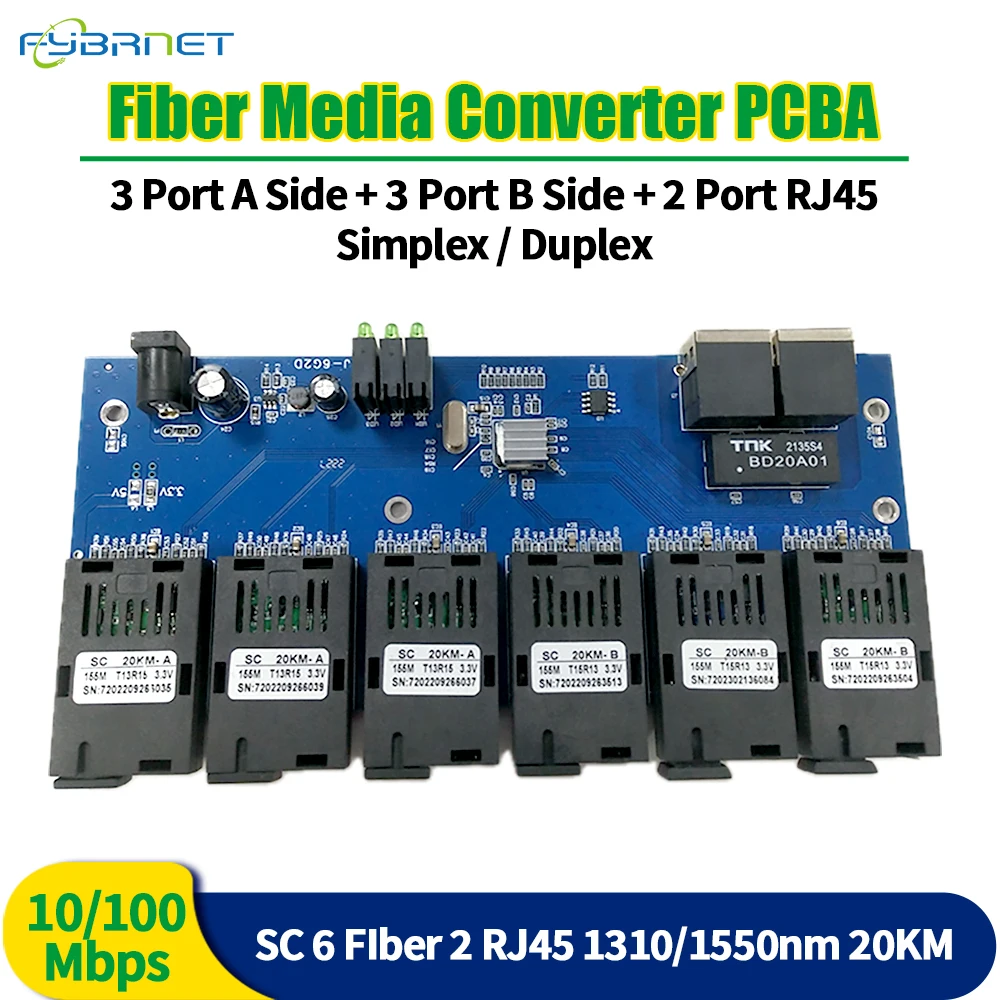 Fiber switch Ethernet 20KM Media Converter 20KM SC 6 fiber 2 RJ45 10/100MSC PCBA board SC Fast Ethernet Simplex/Duplex 4pcs gigabit placa metro fibra 20km 2 fiber 4 rj45 pcba board sc connector 10 100 1000m single mode simplex fast fiber switch