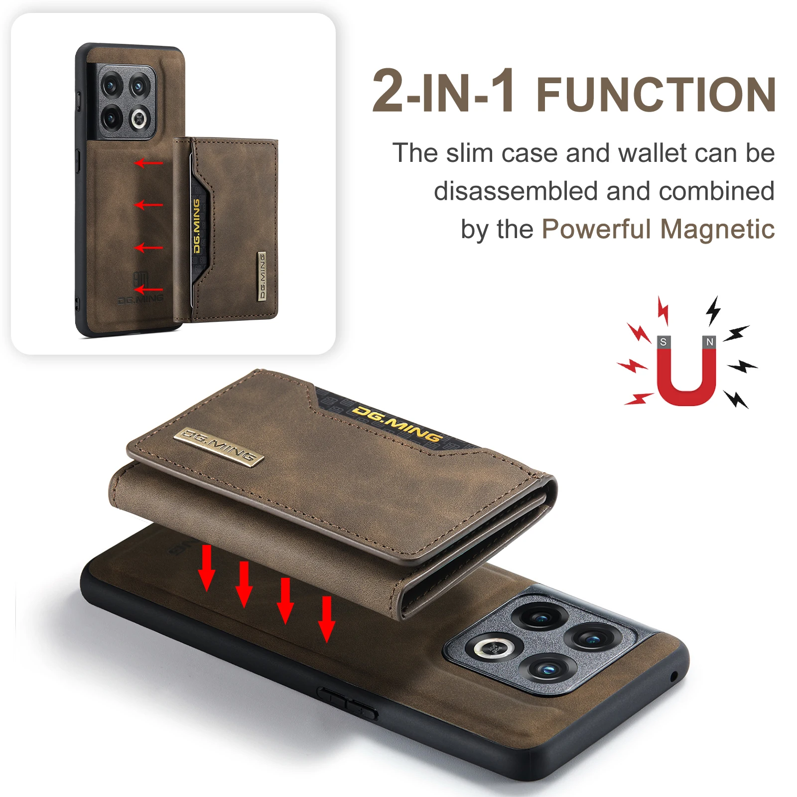 DG.MING Vintage 2in1 Magnetic Detachable Leather Wallet Case for OnePlus 11 10 Pro ACE Retro Card Slots Pocket Holder Back Cover