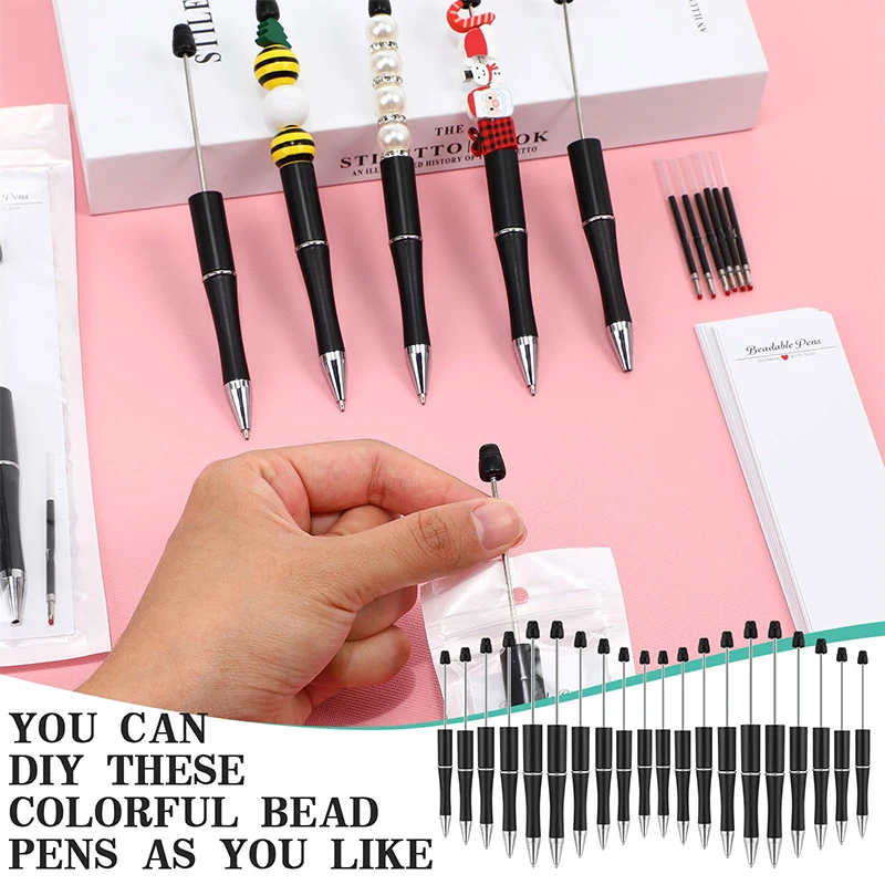 

20Pcs Plastic Beadable Pen Bead Ballpoint Pen Black Ink Bead Pens for DIY Pen Decorations Supplies Office School