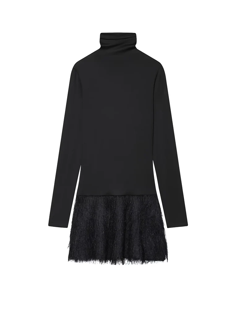 Women's Slim Tassel Dress Sexy Bodycon Long Sleeve Tassel Decoration Turtleneck Ladies Holiday Party Chic Splice Mini Dress