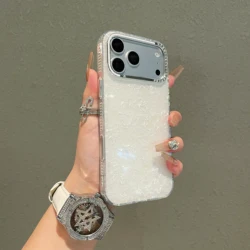 Glamorous Rhinestone Glitter Phone Case with Shell Pattern and Camera Protection - iPhone 15 (White)