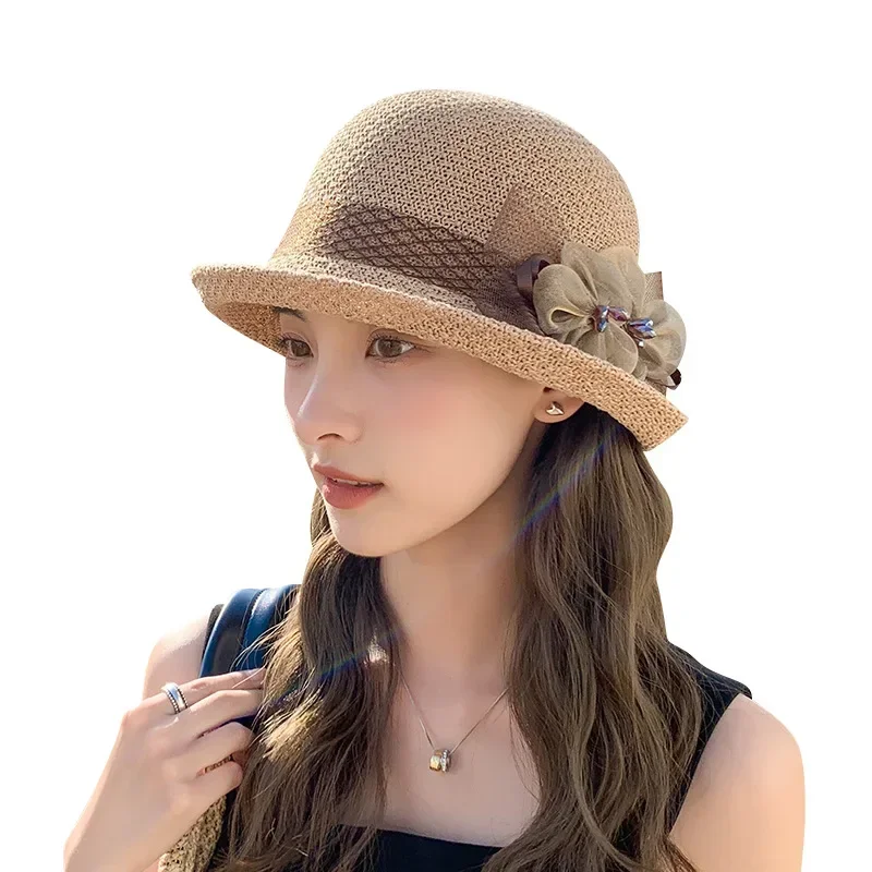 1 Stück Version Sommer Neue Frauen Strick atmungsaktive Blume Fischer Hut Outdoor Sonnenschirm Sonnenschutz Curly Edge Kurz-Rand Hut – Detail 7