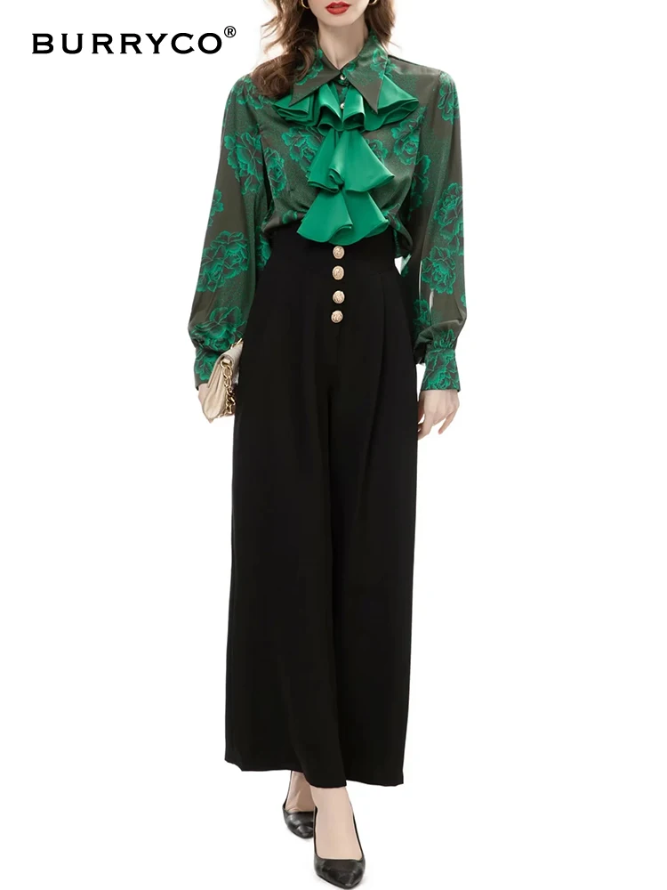 

BURRYCO Spring 2024 Women's New Gold Fake Two Piece Knitted Top+Multi Button Straight Leg Pants Set