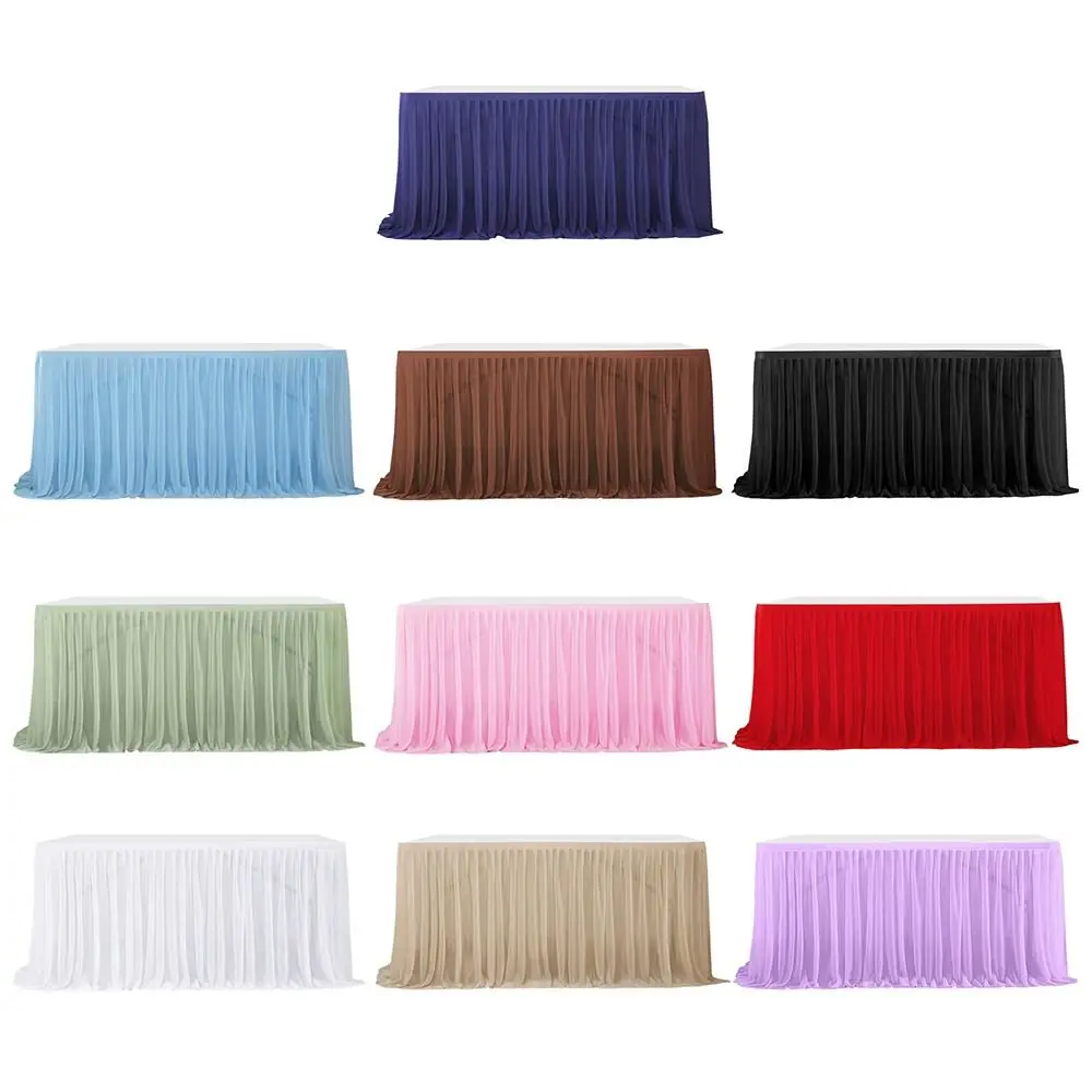 Glitter Pearl Chiffon Guaze Ruffle Dining Table Skirt Thin 6FT Gauze Wedding Table Curtain Reusable Tablecloths