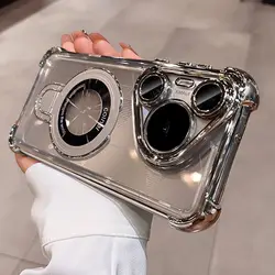 Luxury Transparent Electroplating Magnetic Airbag Bracket Case for Huawei Pura 80 (Silver)