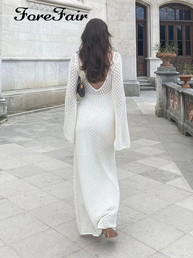 

Повседневное пляжное вязаное платье Forefair Y2K с глубоким V-образным вырезом и открытой спиной, элегантное женское Сетчатое свободное праздничное платье с длинным рукавом, наряд