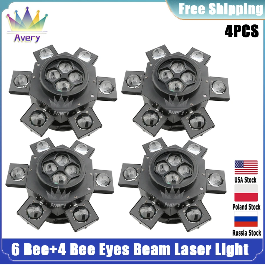 

0 Tax 4Pcs Colorful RGBW 6 Arm Bee Eyes Laser LED Beam Strobe Moving Head Light By DMX Control for Disco Dj Stage Party