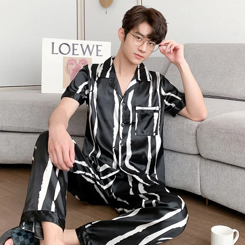 Men's 2 Piece Pajama Set Striped Pijama Faux Silk Satin Pyjama Male Sleepwear Short Sleeve Lapel Shirt Pants Suits Homewear