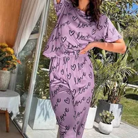 Pyjama rose foncé pour femmes, T-shirt et pantalon à manches courtes avec lettres imprimées, vêtements de nuit, 2 pièces, vêtements de maison décontractés 4
