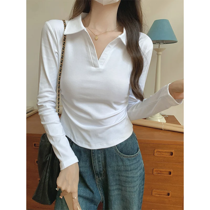 POLO Collar Long-Sleeve T-Shirt Women's Slim-Fit Hem Breathable, Soft Long-Sleeve Cotton