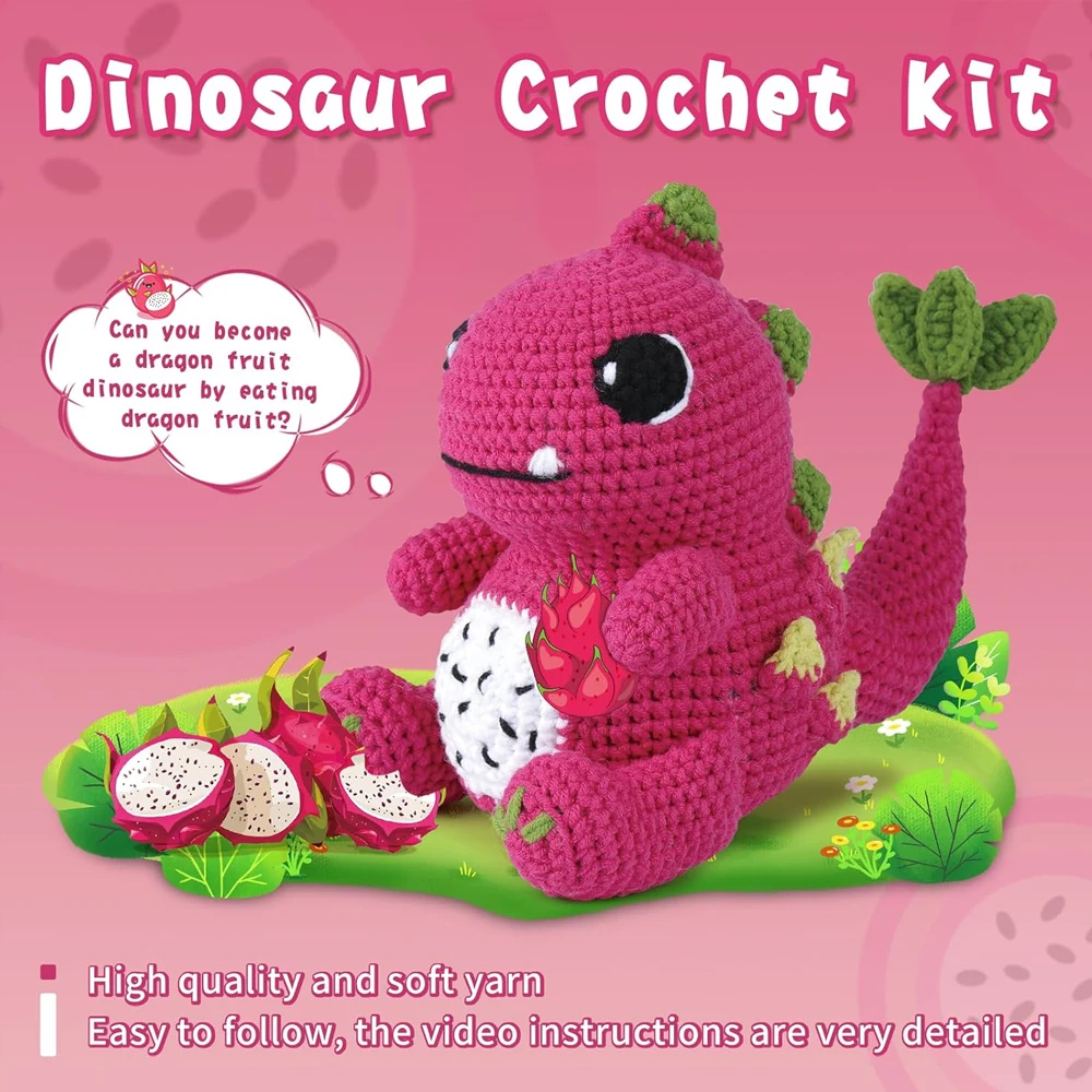 Zxiixz Crochet Animal Kit Dragon Fruit Color Knitting Kit with Step-by-Step Video Tutorials Yarn Crochet Hooks
