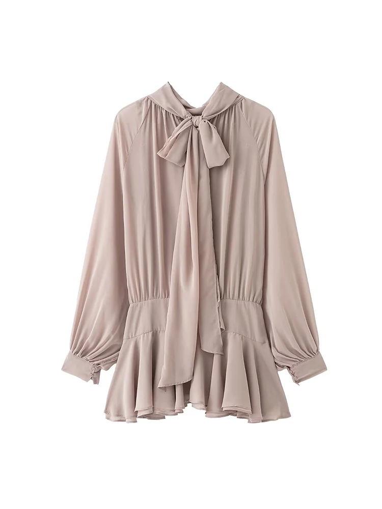 Women See Through Short Dress Elegant Lantern Sleeve Casual Half Turtleneck Party Dress Chic Female Bow Lace Up Mini Dress