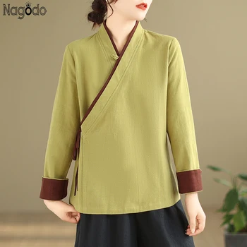 Top da donna estivi in cotone e lino Top retrò a maniche lunghe con lacci Hanfu Zen Tea Abbigliamento Camicetta ampia in stile tradizionale cinese 1