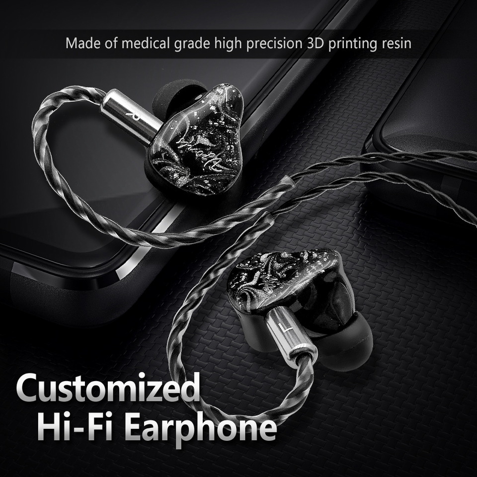 Vzonis VD01 Resin In-Ear HiFi Wired Earphones IEM 10mm Dual Dynamic Driver Music Earbuds Gaming Headset with 2-pin 3.5mm Cable