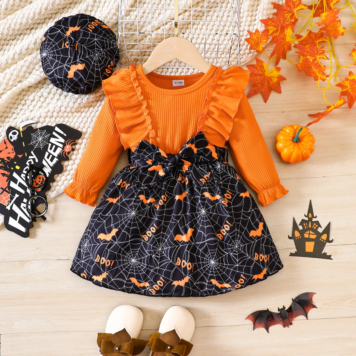 

Girls Dress Long Sleeved Patchwork Spider Web Bat Pattern Short Skirt Christmas Party Halloween Casual Home Travel