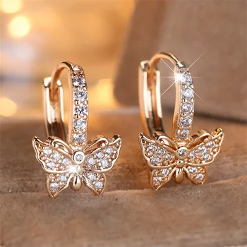 White Zircon Cute Small Butterfly Hoop Earrings For Women Vintage Gold Color Animal Ear Buckle Wedding Jewelry Versatile Gifts