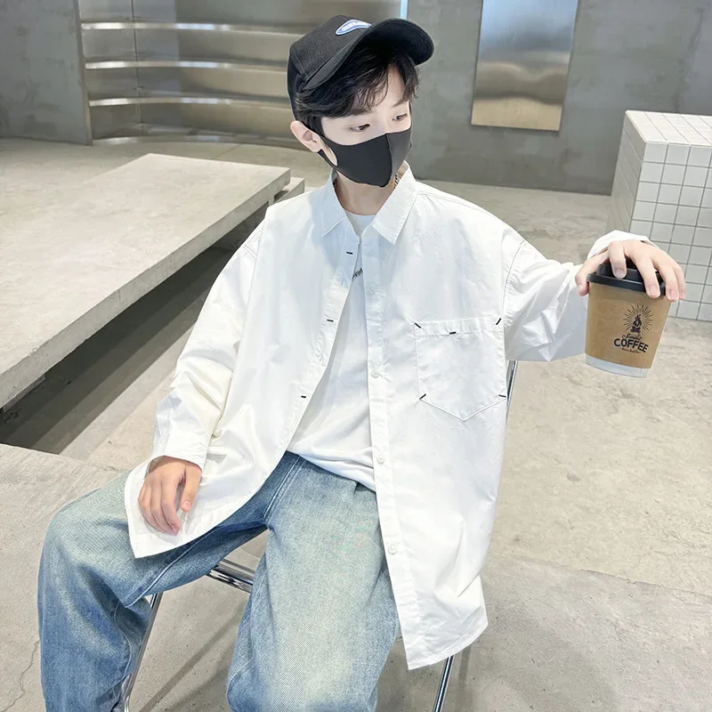 Boys Pure Color Spring Autumn Shirt Trendy Medium And Large Children's Clothing White Shirt Knot Design Male Kids Fashionable