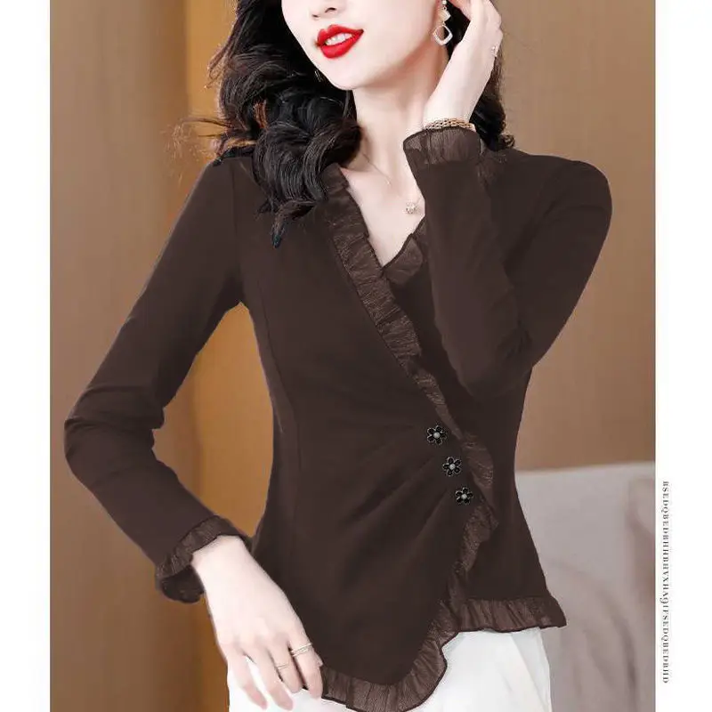 Spring Autumn New Women's Fashion Elegant Solid Color V-Neck Casual All-match Long Sleeve Slim Ruffles Button Shirt Tops