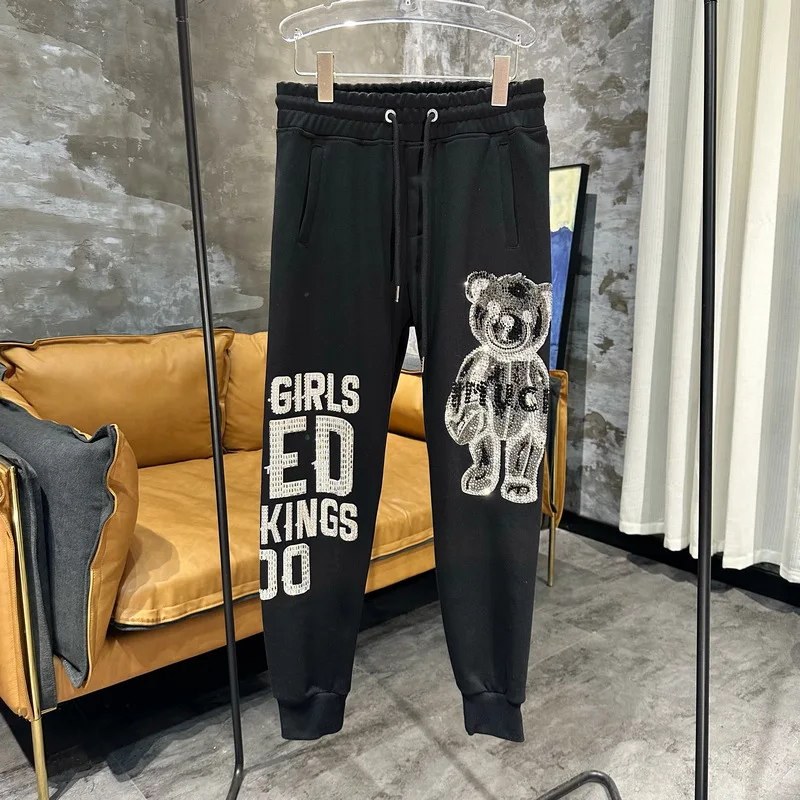 Light Luxury Fashion Rhinestone Bear Spring Autumn Sweatpants Loose Men's Women's Couple Trendy Personal Leisure Trousers