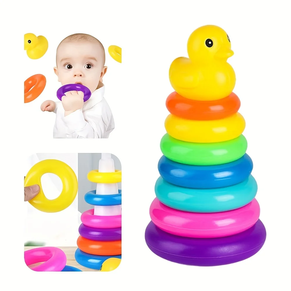 Stacking Toys Rainbow Stacking Duck Rings & Blocks Montessori Learning Toys for Toddlers STEM Color Recognition Educational Games