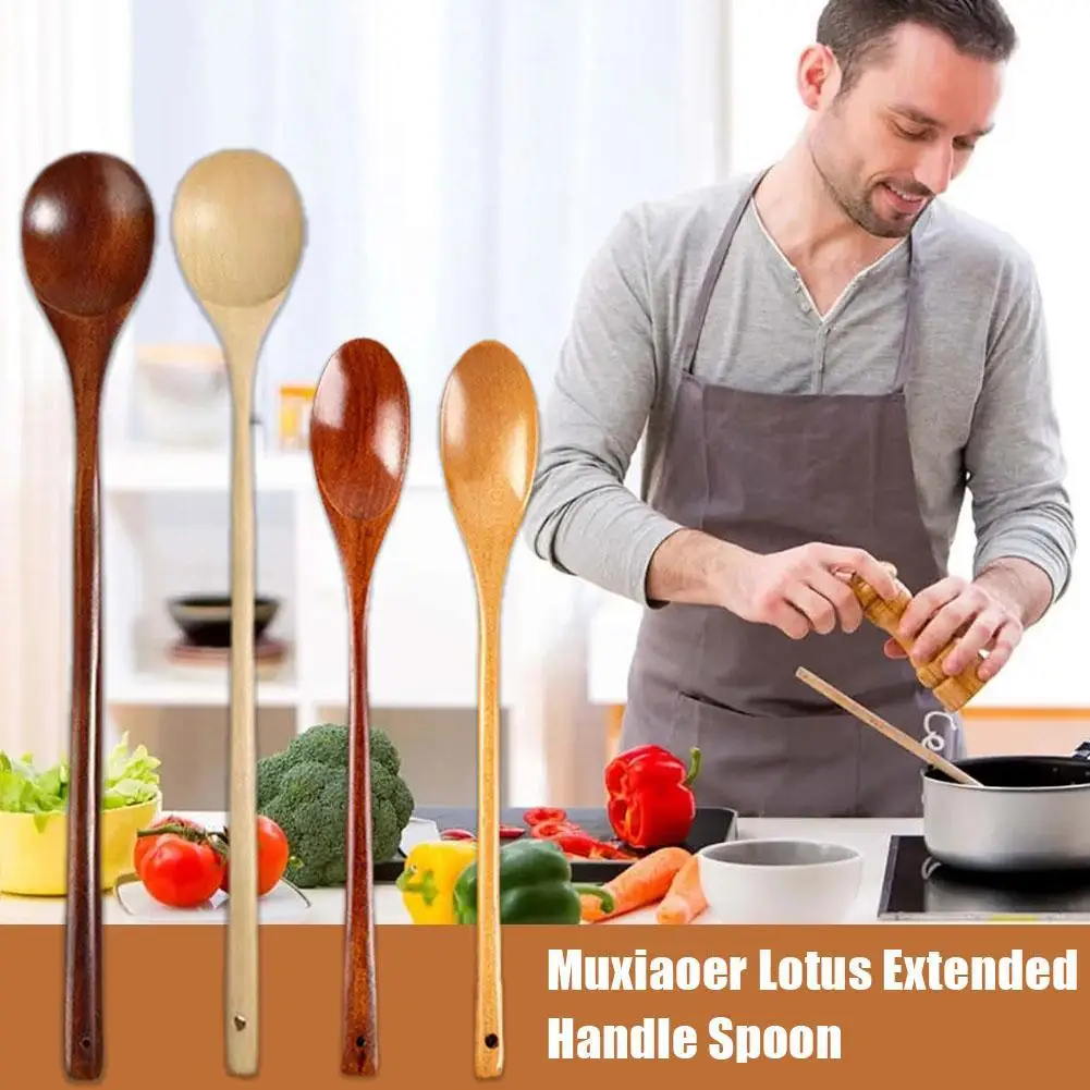 Wooden Long Handle Soup Stirring Spoon 33cm for Coffee Teaspoon Kitchen Cooking Chinese Soups Dinner