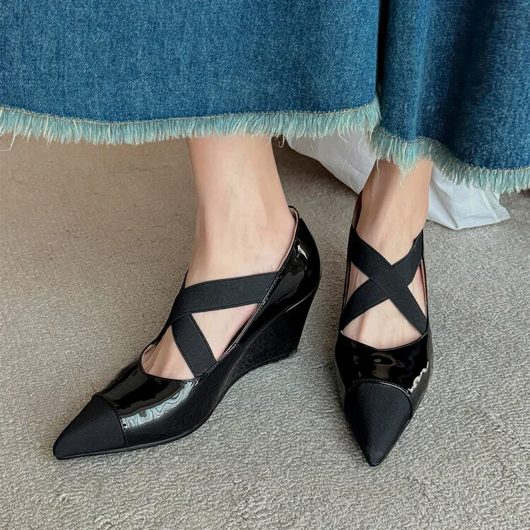 

Vintage Elegant Cross with Pointed Wedge Heel Single Shoes British Casual High Heels Sexy Ballet Shoes for Wedding Party