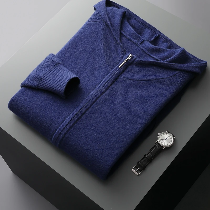 100% Cashmere Suit Men Hooded Zipper Cardigan Autumn Winter Knitted Two-Piece High Waist Trousers Fashion Solid Color Sweater 3