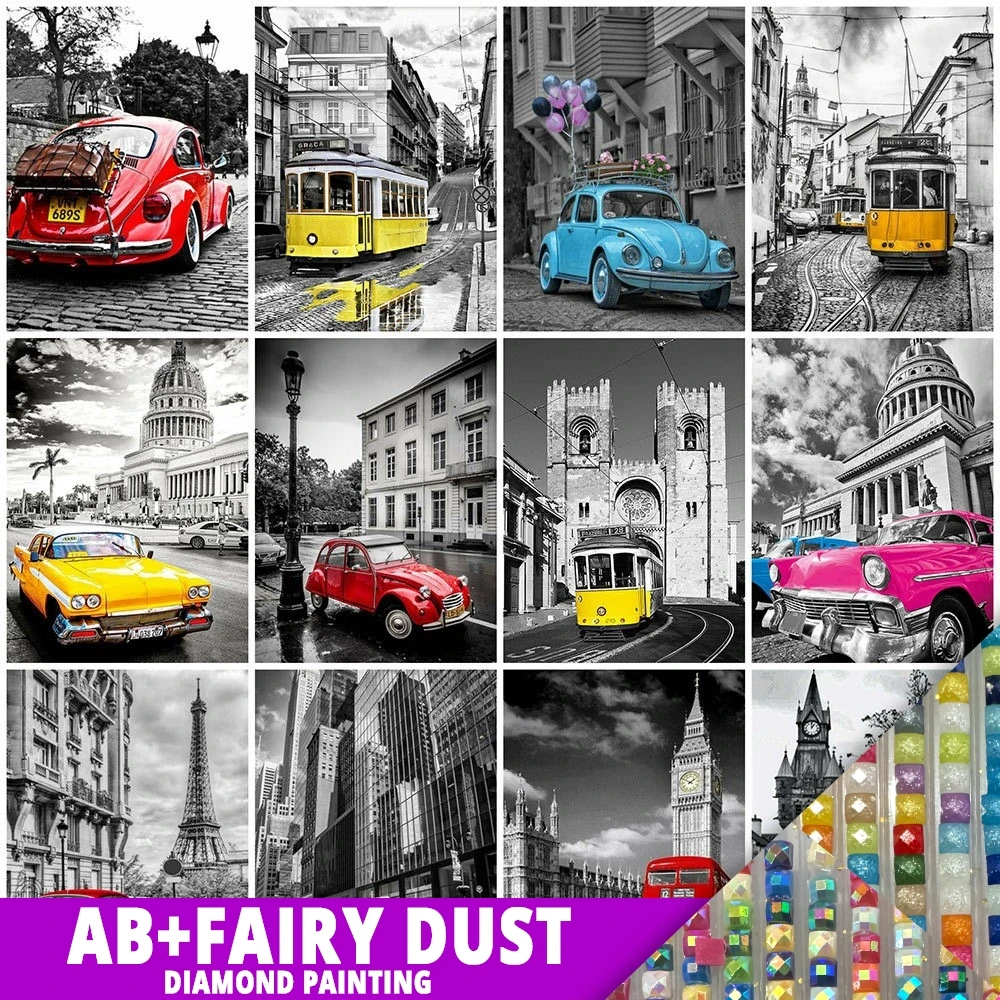

AB сказочная пыль Алмазная живопись автомобиль улица полная квадратная круглая вышивка черный желтый Пейзаж Вышивка крестиком DIY домашний декор роспись
