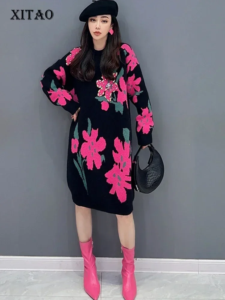 

XITAO O-neck Long Sleeve Knitting Dress Floral Loose Fashion All-match Pullover Casual Slimming 2023 Winter Women New HQQ2074