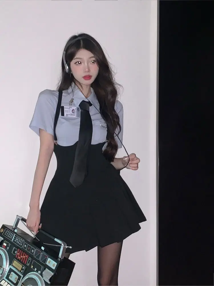 

Micro fashion preppy style suit WOMEN'S hot girl Short-sleepred shirt pleated midi skirt