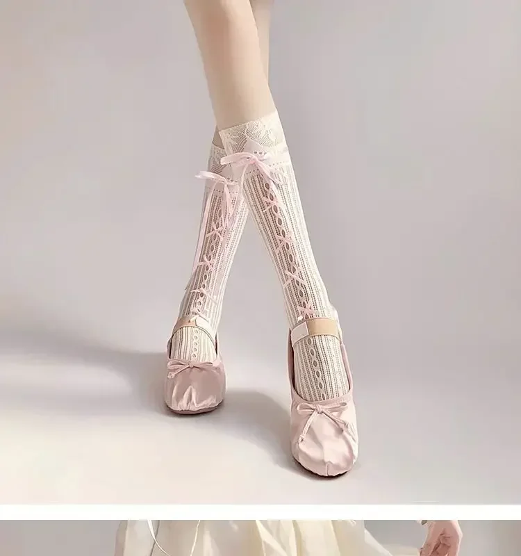 Fliege Strumpf Hohle Spitze Gestreift Y2K Lolita Socke Band Schleifen Krawatte Lange Knielange Socken Ballett Stil Riemen Schleife JK Socke – Detail 10