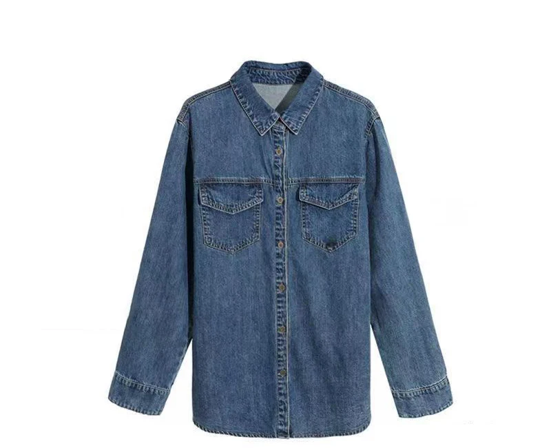 mulheres azul denim blusa lapela manga longa único breasted sólida camisa primavera auutmn solto camisa casual feminino