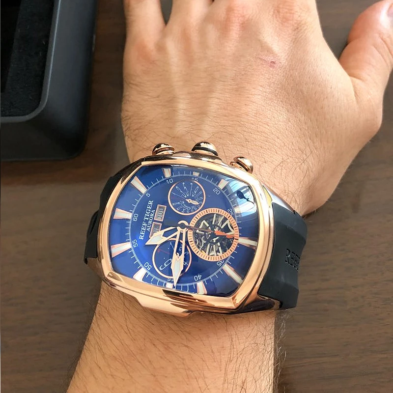 Reef  Tiger/RT Designer Men Sport Watches Tourbillon Blue Dial Analog Display Rubber Strap Luminous Clock RGA3069