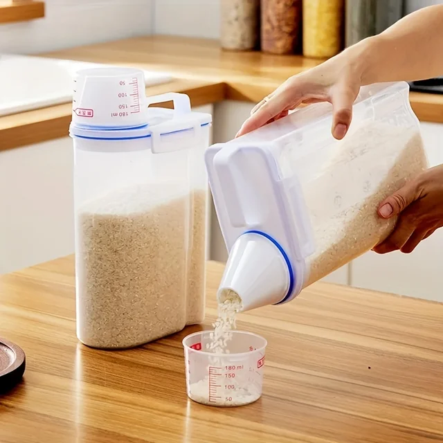 1Pc Rizs Tároló Tartály Gabonafélék Adagolója Bpa Ingyenes Műanyag + Légmentesen Kialakított Tervezés Cup Pour Spout Mérése - Image 2