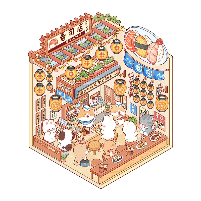 1Set Cute 3D Stereoscopic Landscape Stickers Cartoon Mini Scene Stickers Pocket Visualization Stacking Cabin Scene