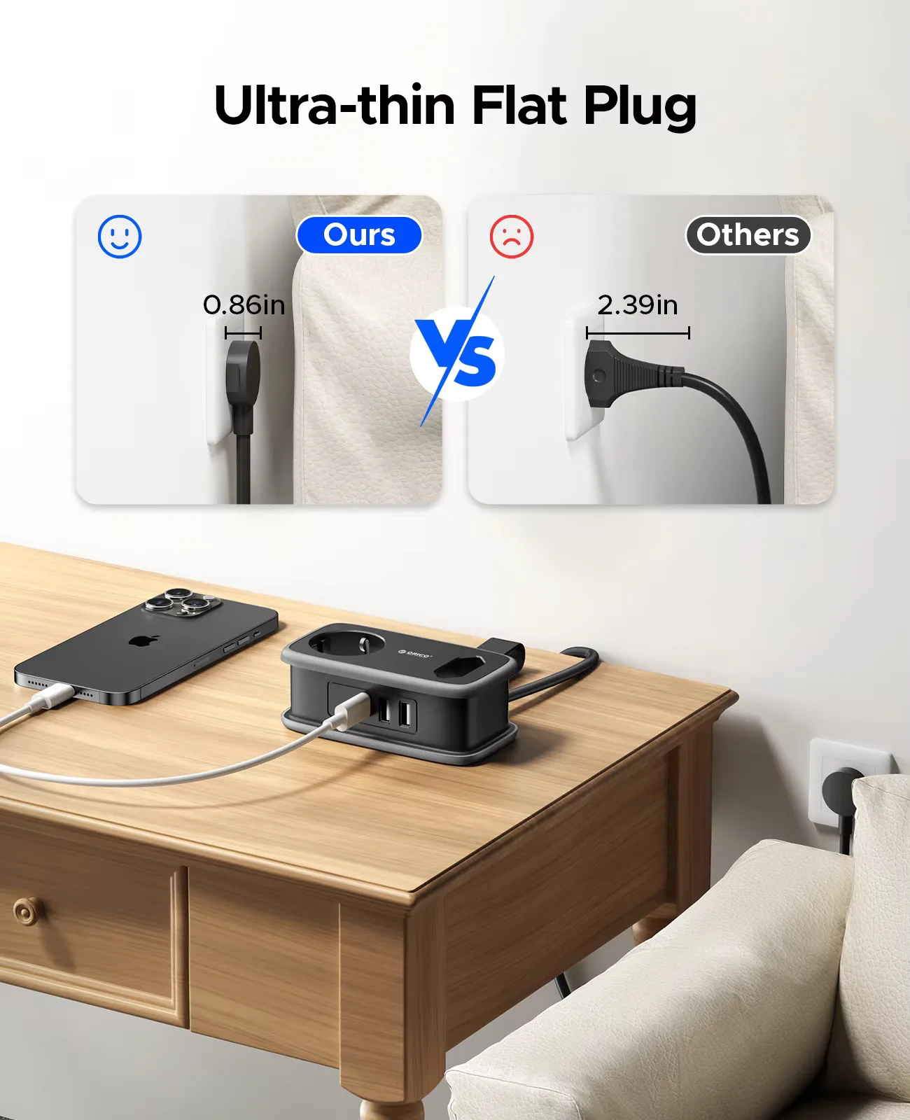 ORICO Travel Power Strip Smart EU Plug 3.6FT Extension Cord 5 Port USB A Type C Charging Station Adaptador Stand