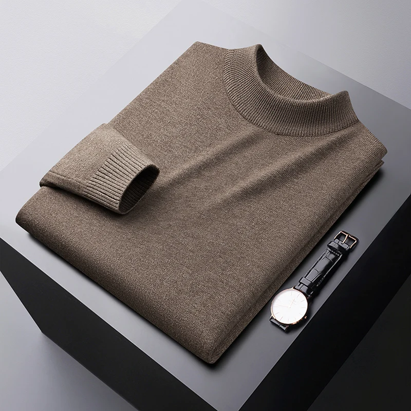 Winter warm sweater men's high-end simple all-matching slim fit stretch cold-resistant casual solid color round neck sweater 3