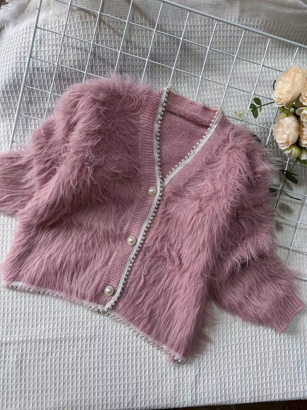 

Autumn Winter Girls Cardigans Sweater Fluffy Faux Fur Jackets Furry Pearl Beaded V-neck Long Sleeve Coats Childs Spring Outwear