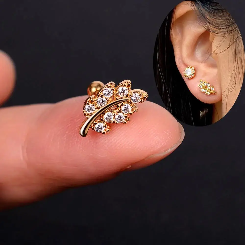 1PC  Flower Leaf Tragus Helix Piercing Studs Earrings Women Mini Crystal CZ Stainless Steel Earings Girls Ear Bone Fine Jewelry