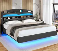 Floating Bed Frame King Size with USB-C/A Charging Station, LED Bed Frame with Storage Headboard, Upholstered Platform King Bed 1