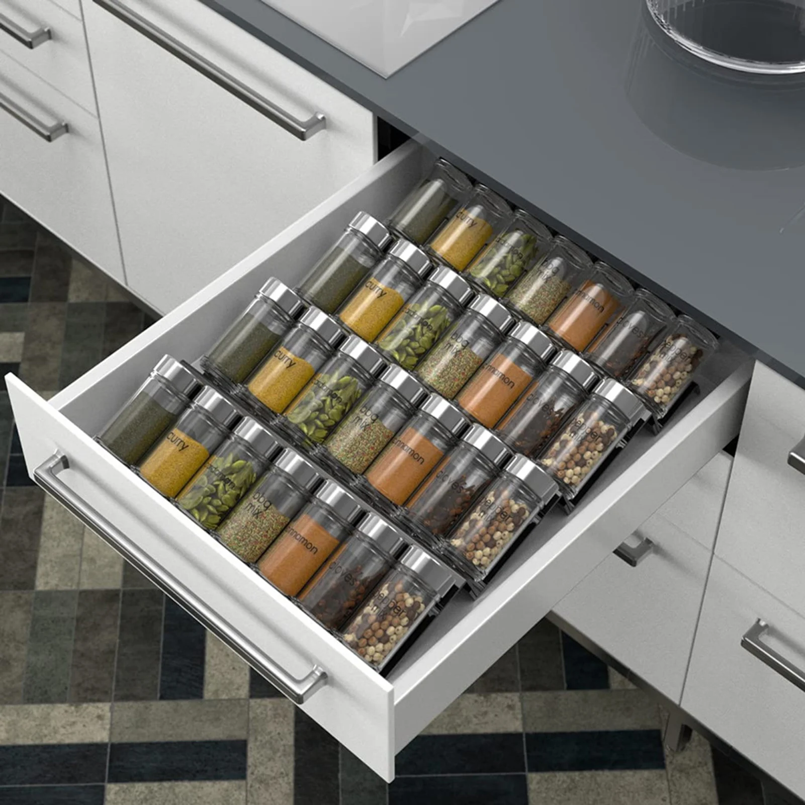 Clear Acrylic Spice Drawer Organizer, 4 Tier- 2 Set Expandable From 13 to  26 Seasoning Jars Drawers Insert, Kitchen Spice Rack Tray for