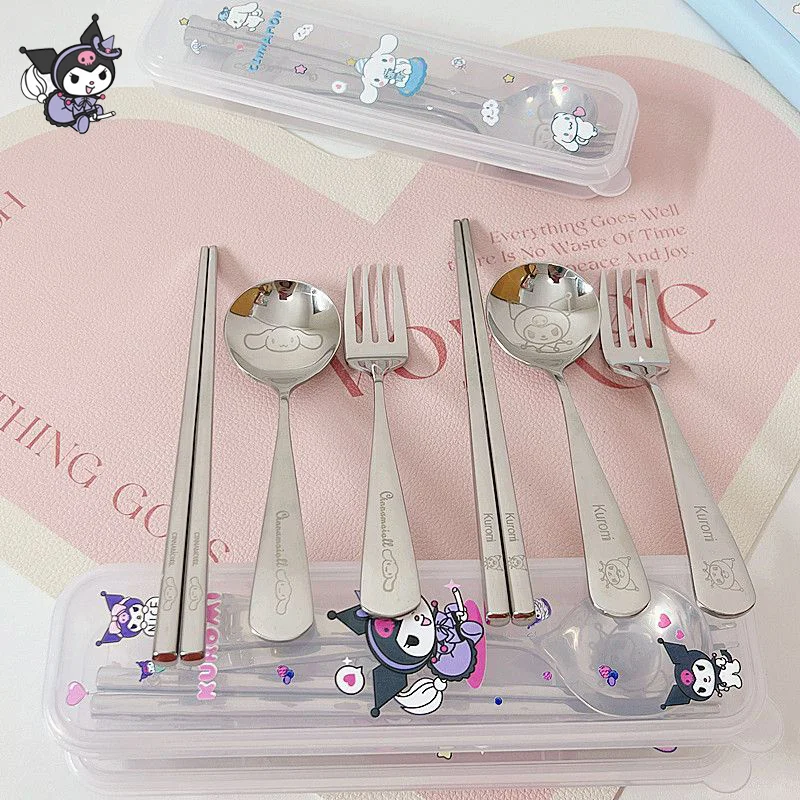 

Kawaii Sanrio Kuromi Portable Cutlery Set Anime Hello Kitty Cinnamoroll Stainless Steel Spoon Fork Chopsticks Outdoors Tableware