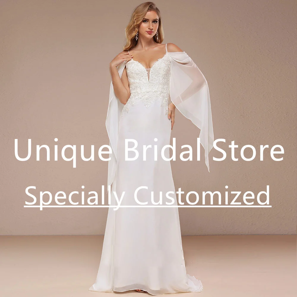 

Очаровательное свадебное платье в стиле бохо на бретелях-спагетти с аппликацией шифоновое платье русалки с открытой спиной на молнии с V-образным вырезом красивое свадебное платье невесты индивидуального размера