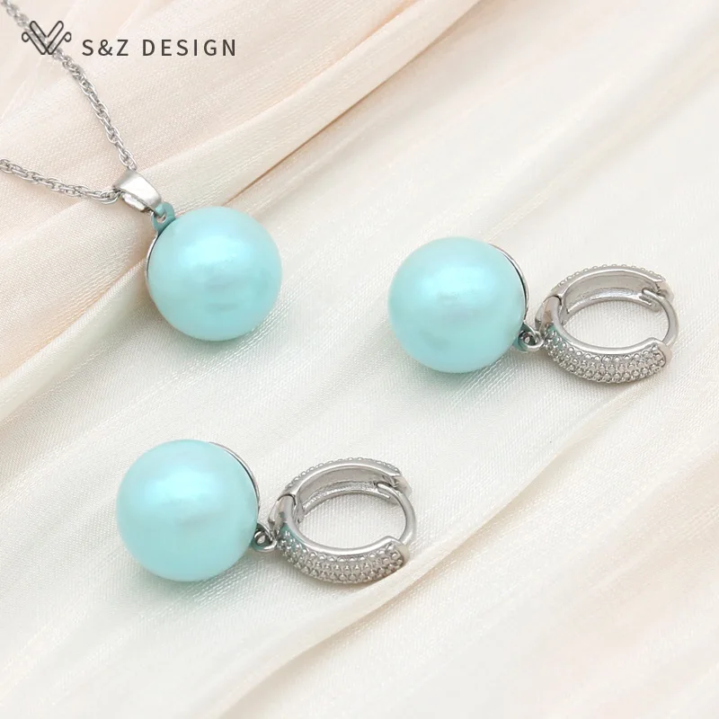 S&Z DESIGN New Fashion Round Colorful Imitation Pearl Drop Earrings Jewelry Sets For Women 585 Rose Gold Color Pendant Necklace