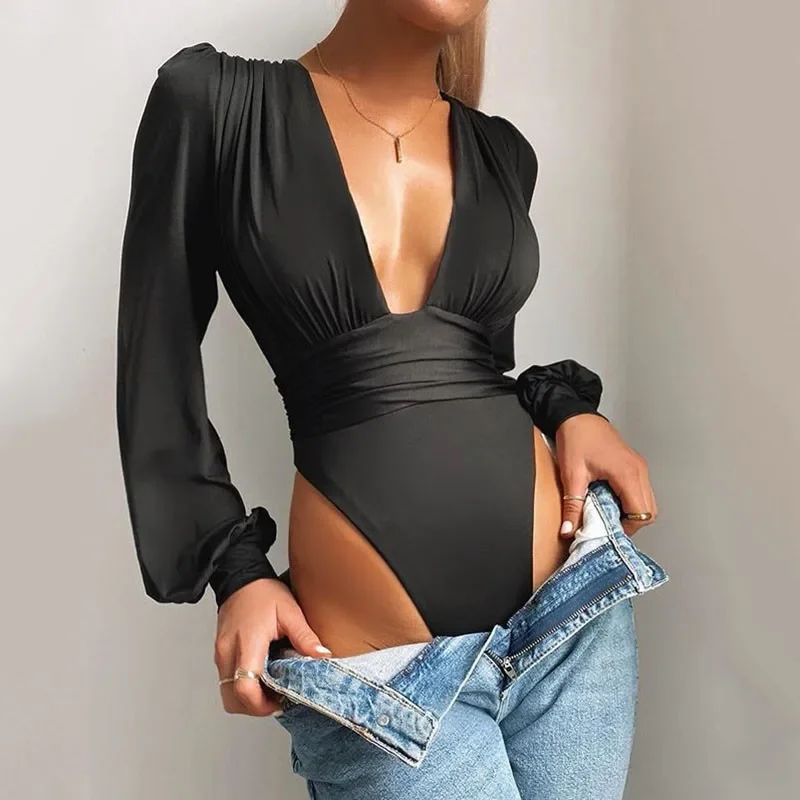 

Europe and the United States fashion blouse women sexy long sleeve deep V waist fold temperament onesie woman