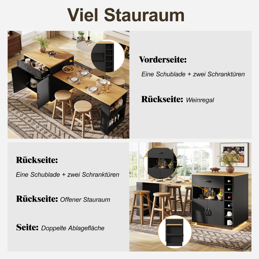 Kücheninsel, Küchenschrank, Barschrank mit LED-Lichtleiste, fester Servierwagen, mit ausziehbarem Tisch, 2 Schubladen, 4 Türen – Detail 16