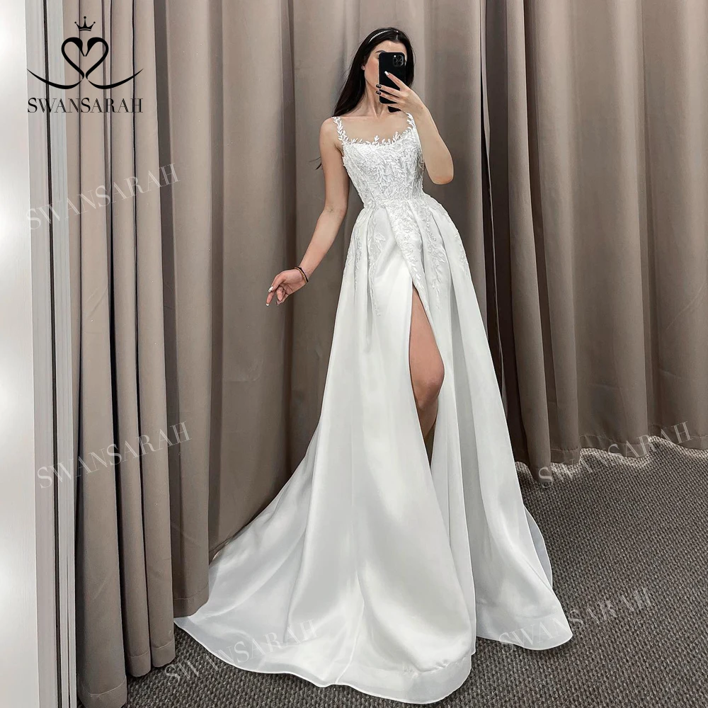 Satin Sleeveless Wedding Dress 2025 Chic Appliques Split A-Line customized Princess Vestido De Novia SwanSarah N400 Bride Gown 3