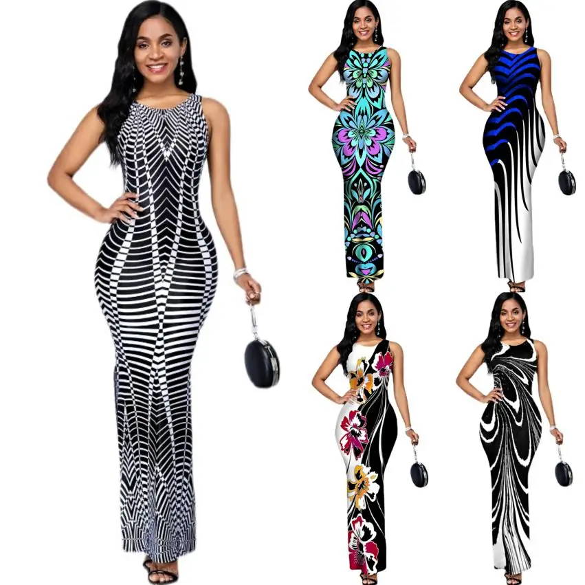 

2022 Summer Woman Clothes Fashion Digital Printed Round Collar Sleeveless Side Split Dress Slim Sexy Lady Skinny Dress Wholesale