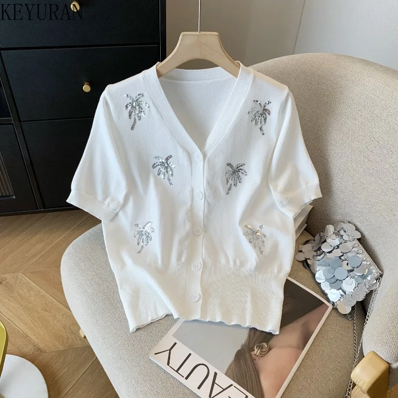 

2024 Summer Sequin Ice Silk Knit Cardigan Women Korean Casual Versatile V-neck Short Sleeved Sweater T-shirt Loose Knitwear Tops