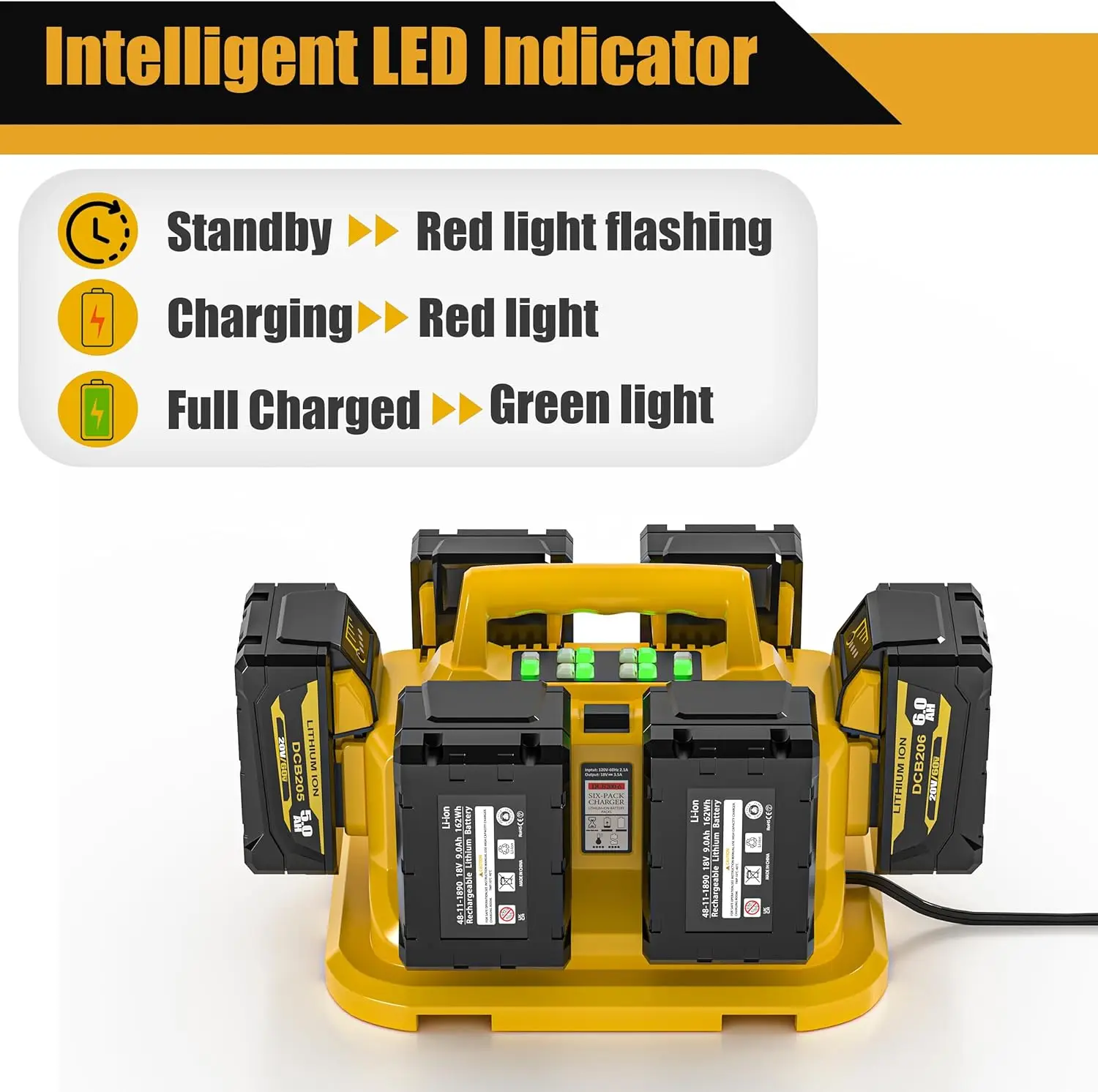 Battery Charger 6-Ports for Dewalt 20V/60V Compatible with DCB200 DCB203 DCB204